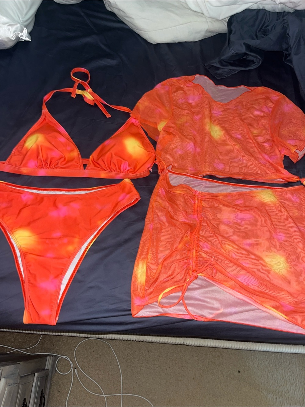 NWT Neon Orange Tie-Dye Triangle Bikini Set with Mesh Cover-Up